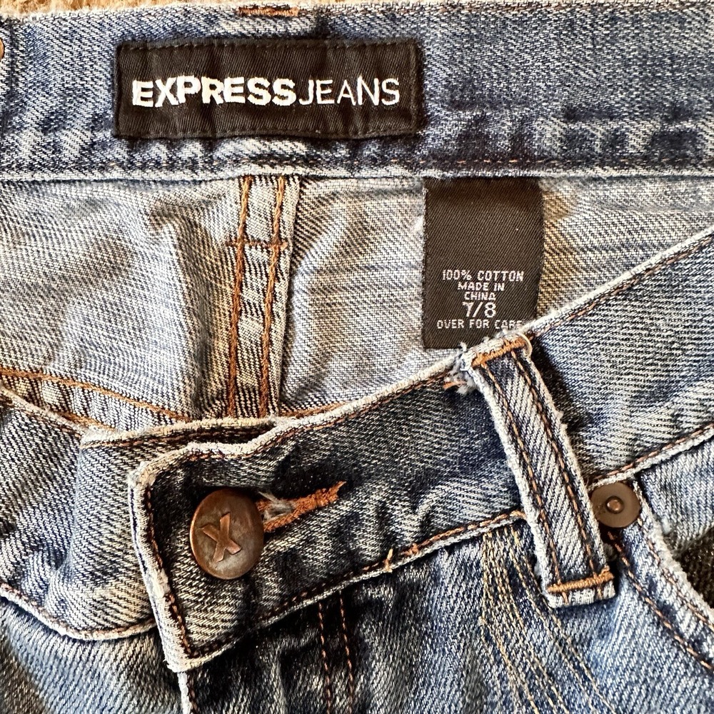 VTG Express Women's Jeans Sz 7 / 8 Denim Bronze Beads Mid Rise Bootcut Jeans Y2K - Picture 12 of 16